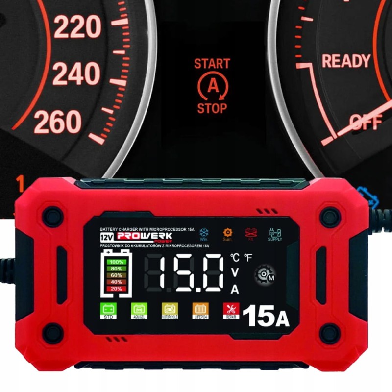Prostownik Samochodowy Automatyczny Z FUNKCJĄ NAPRAWY AKUMULATORÓW 12V 15A