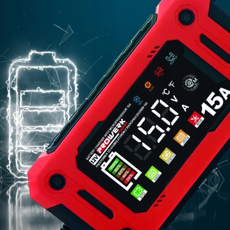 Prostownik Samochodowy Automatyczny Z FUNKCJĄ NAPRAWY AKUMULATORÓW 12V 15A