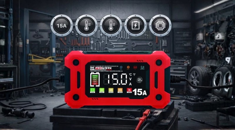 Prostownik Samochodowy Automatyczny Z FUNKCJĄ NAPRAWY AKUMULATORÓW 12V 15A