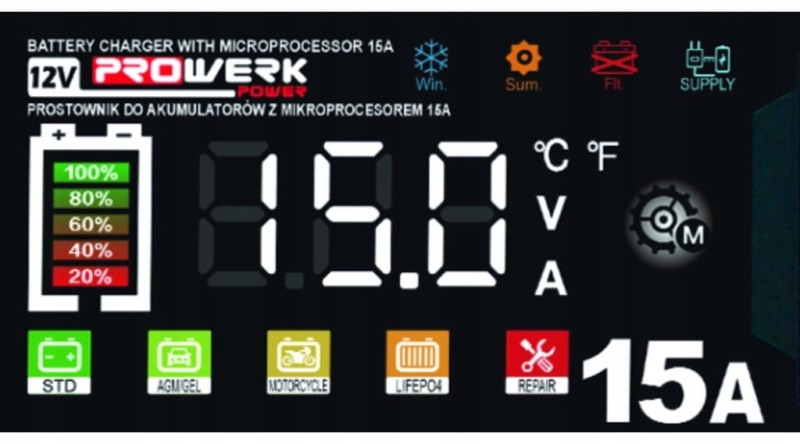 Prostownik Samochodowy Automatyczny Z FUNKCJĄ NAPRAWY AKUMULATORÓW 12V 15A
