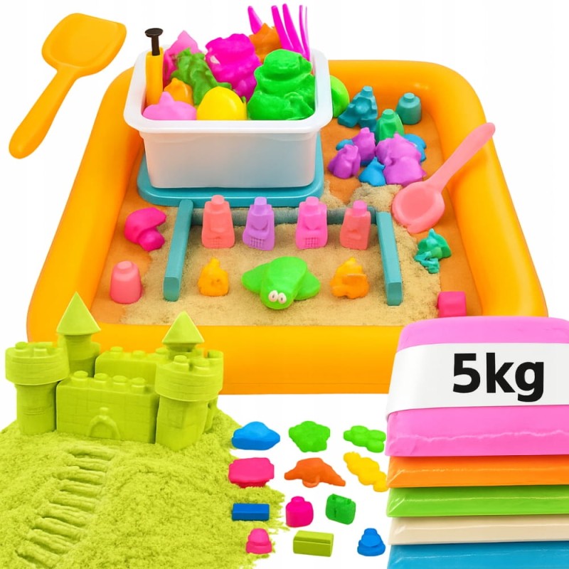 Piasek Kinetyczny 5KG Zestaw Piaskownica Basen Foremki Zestaw Plastyczny