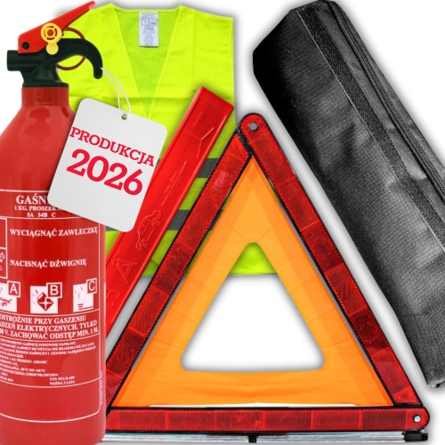 Zestaw bezpieczeństwa do auta gaśnica 1kg 2026 trójkąt kamizelka w pokrowcu rzep