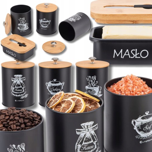 Zestaw 3 pojemników kuchennych na kawę herbatę cukier maselniczka + nóż