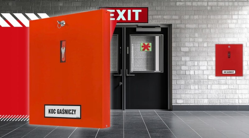 Szafka Metalowa Skrzynka Na Koc Gaśniczy Zamykana Na Klucz Czerwona Stalowa