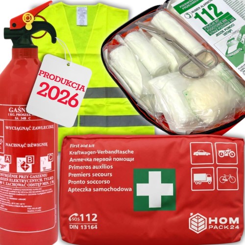 Zestaw Bezpieczeństwa Gaśnica Samochodowa 1kg Kamizelka Odblaskowa Apteczka