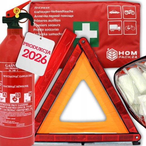 Zestaw Bezpieczeństwa Gaśnica Samochodowa 1kg Trójkąt Ostrzegawczy Apteczka