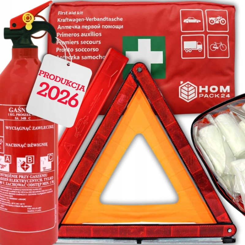 Zestaw Bezpieczeństwa Gaśnica Samochodowa 1kg Trójkąt Ostrzegawczy Apteczka