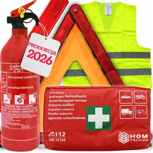Zestaw do auta Gaśnica 1kg 2026r Trójkąt Apteczka DIN13164 Kamizelka żółta