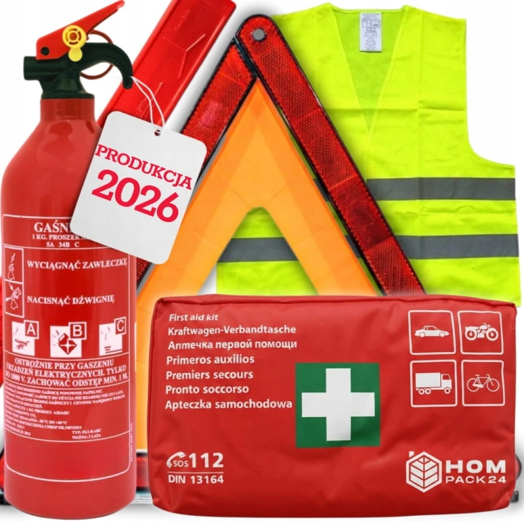 Zestaw do auta Gaśnica 1kg 2026r Trójkąt Apteczka DIN13164 Kamizelka żółta