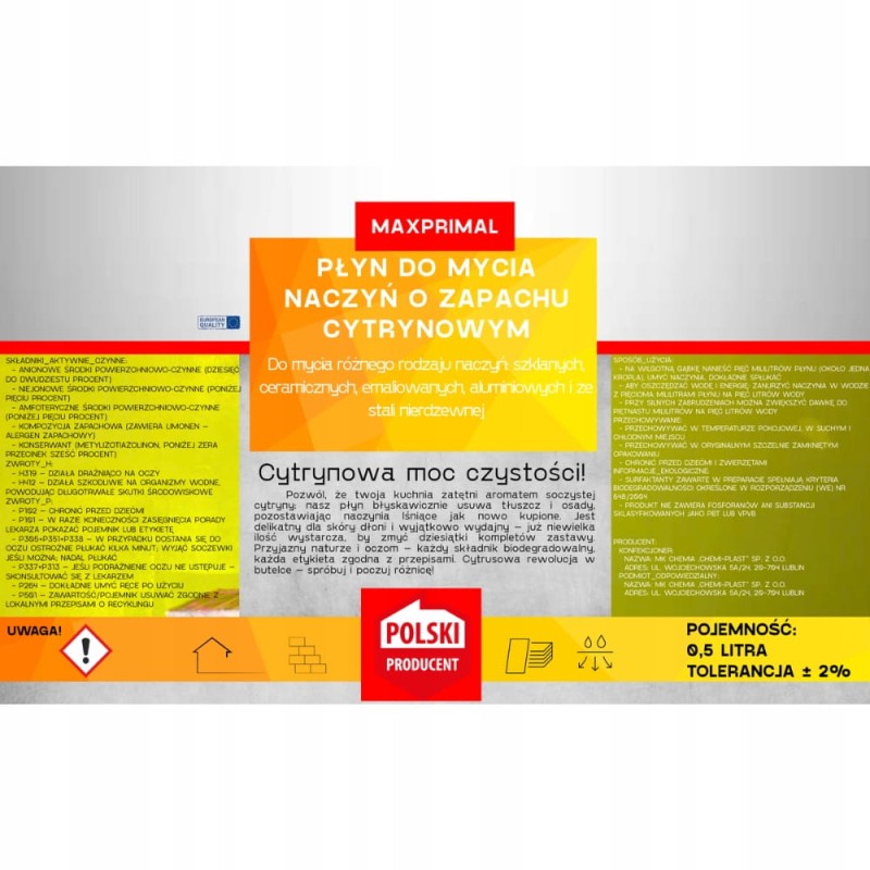 Płyn do Mycia Naczyń 1000 ml Cytrynowy 1L Dozownik