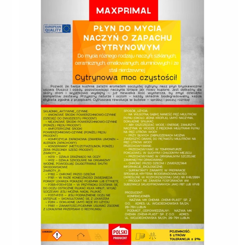 Płyn do Mycia Naczyń 5000 ml Cytrynowy 5L