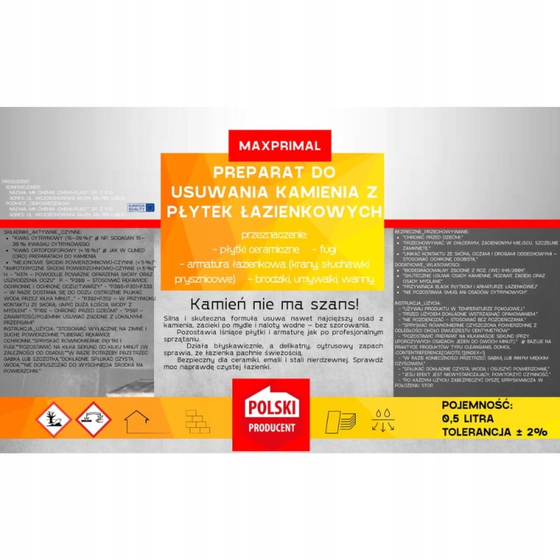 Płyn do Czyszczenia Łazienki Płytek Usuwający Kamień Odkamieniacz 500ml