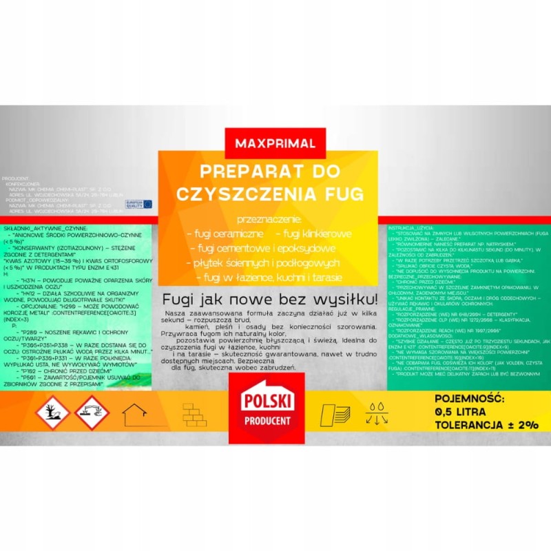 Płyn do Czyszczenia Mycia Fug Cementowych i Epoksydowych Spoin 500ml Silny