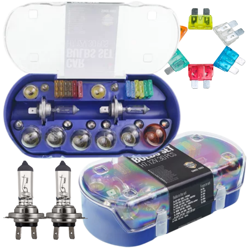 Zestaw Zasobnik Zapasowych Żarówek H7 12v 55W Komplet Bezpieczników 30szt