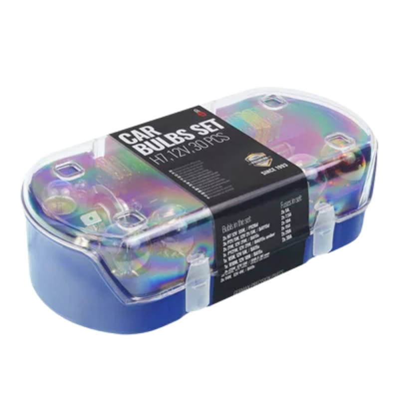 Zestaw Zasobnik Zapasowych Żarówek H7 12v 55W Komplet Bezpieczników 30szt