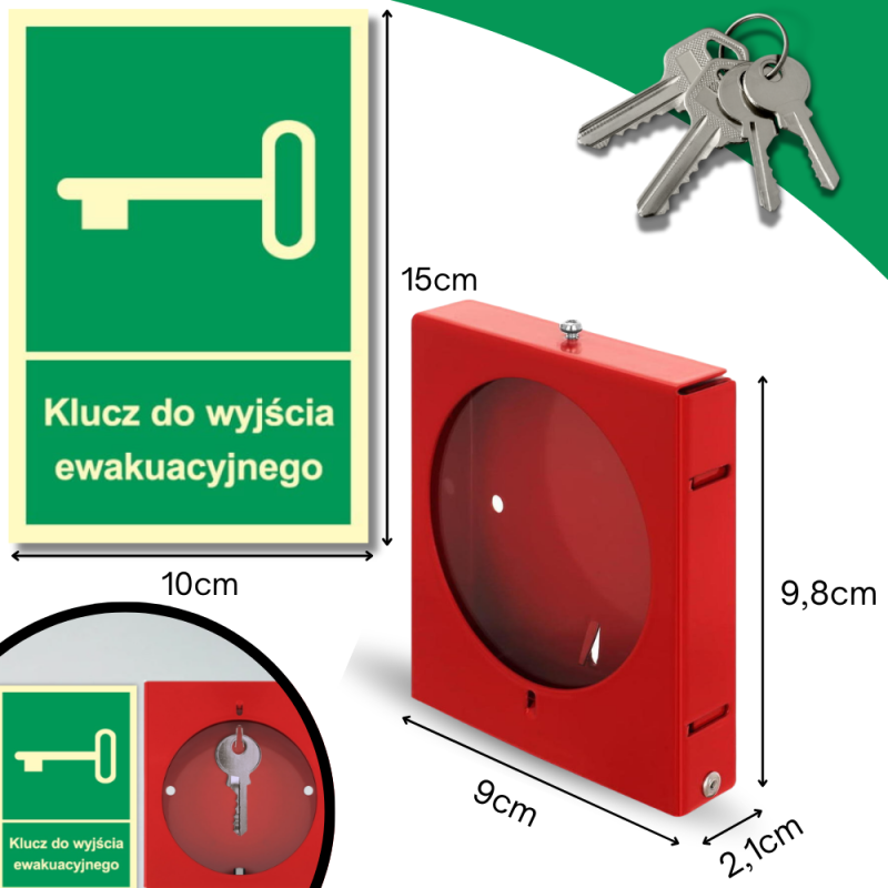 Skrzynka Metalowa Mini na Klucz Ewakuacyjny z Okienkiem Szafka + Znak Klucz