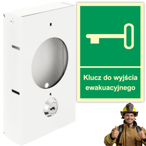 Skrzynka Metalowa na Klucz Ewakuacyjny z Zamkiem i Klucz BIAŁA + Znak Klucz