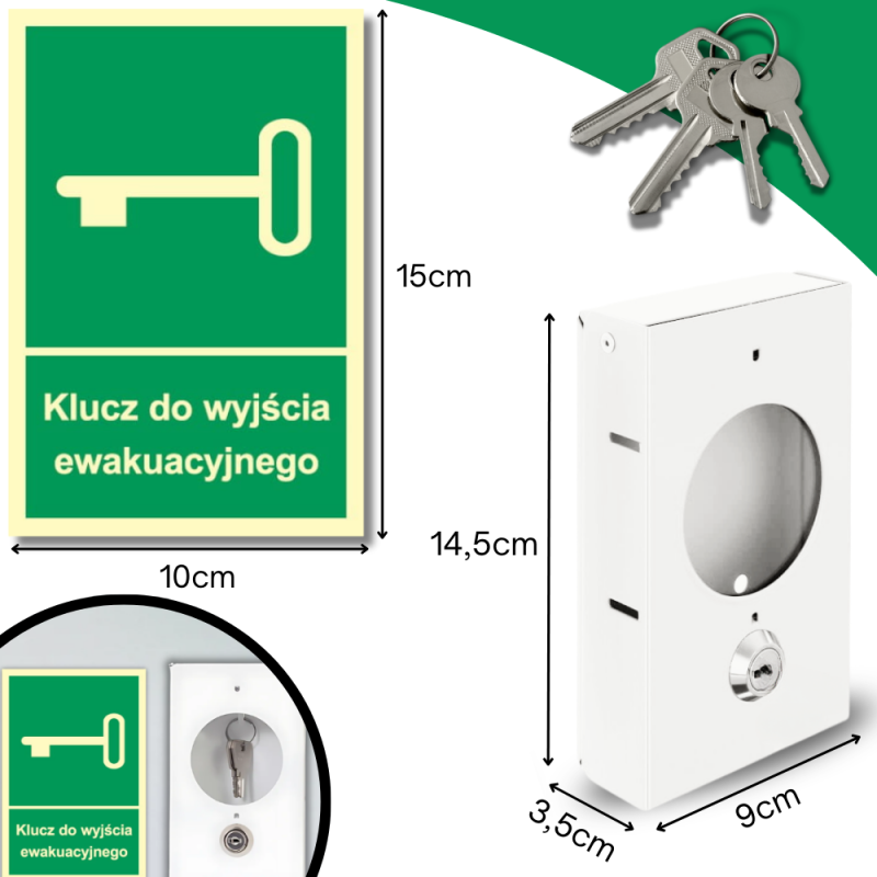 Skrzynka Metalowa na Klucz Ewakuacyjny z Zamkiem i Klucz BIAŁA + Znak Klucz