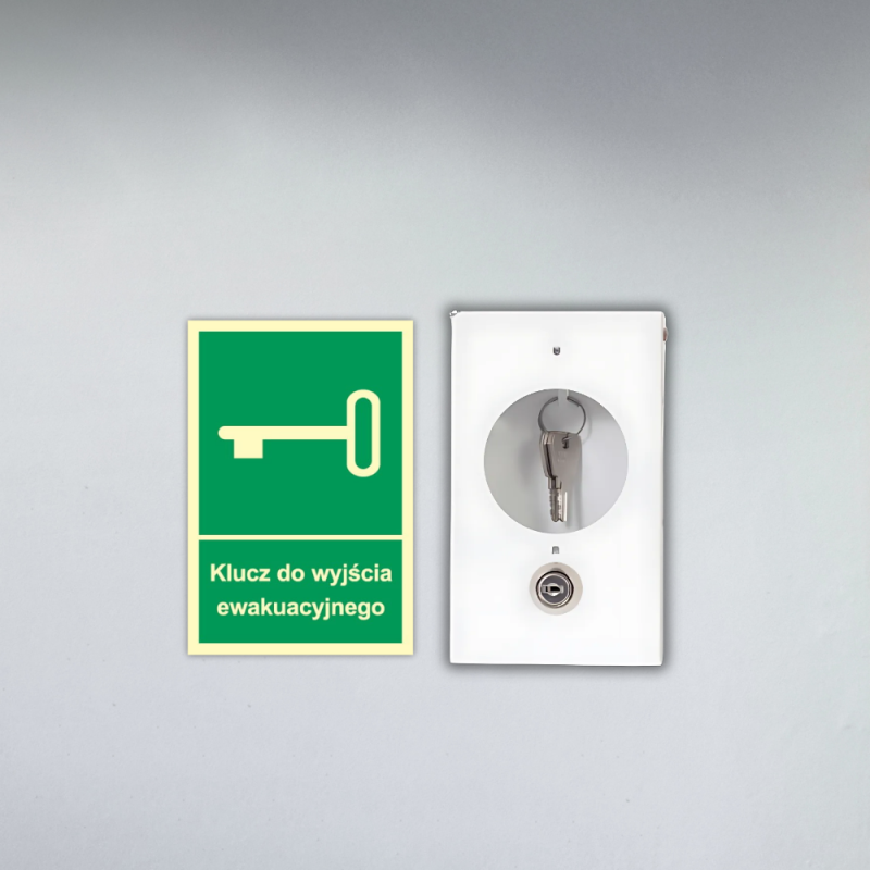 Skrzynka Metalowa na Klucz Ewakuacyjny z Zamkiem i Klucz BIAŁA + Znak Klucz