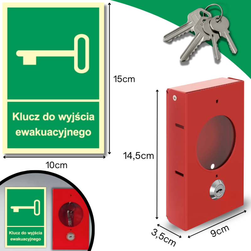 Skrzynka Metalowa na Klucz Ewakuacyjny z Zamkiem i Kluczykiem + Znak Klucz