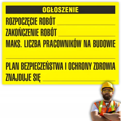 Tablica Informacyjna Budowlana Żółta TABLICA BUDOWLANA OGŁOSZENIE 45x65 cm