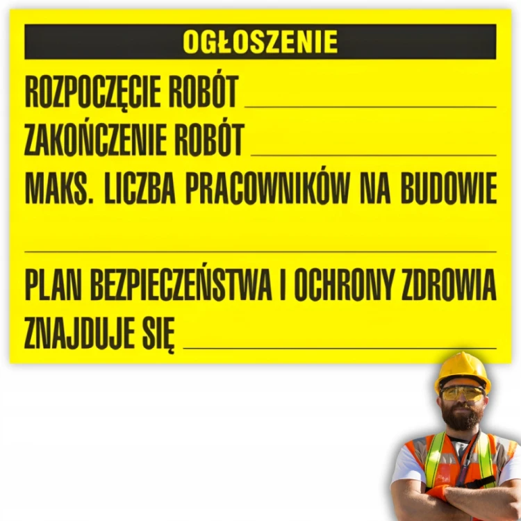Tablica Informacyjna Budowlana Żółta TABLICA BUDOWLANA OGŁOSZENIE 45x65 cm