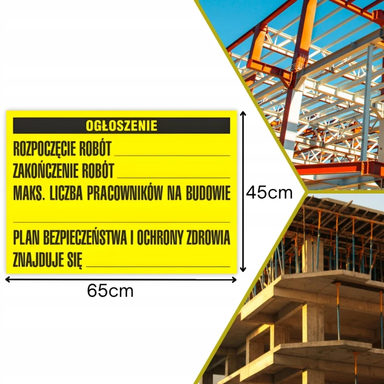 Tablica Informacyjna Budowlana Żółta TABLICA BUDOWLANA OGŁOSZENIE 45x65 cm