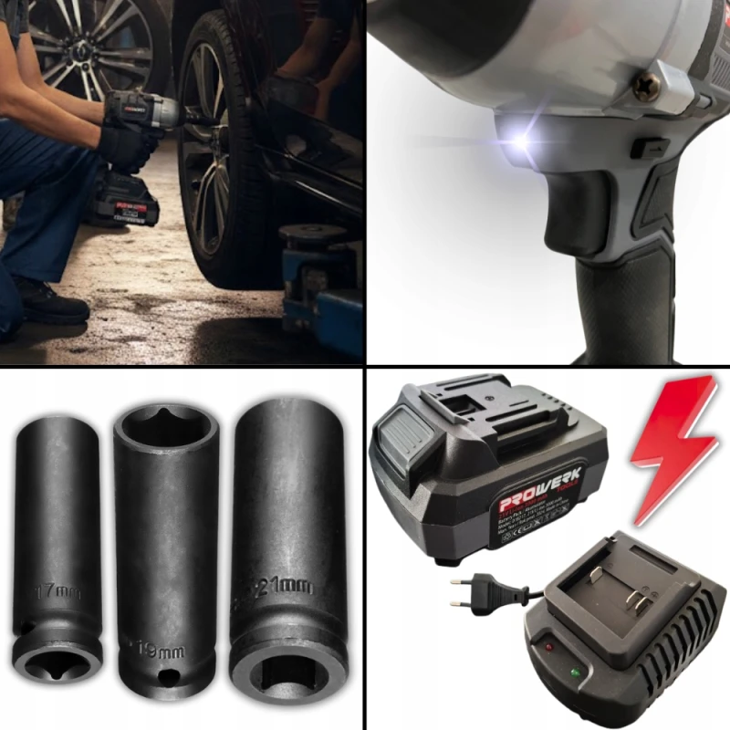 KLUCZ UDAROWY AKUMULATOROWY DO KÓŁ BEZSZCZOTKOWY MOCNY 3xNASADKI AKU ZESTAW