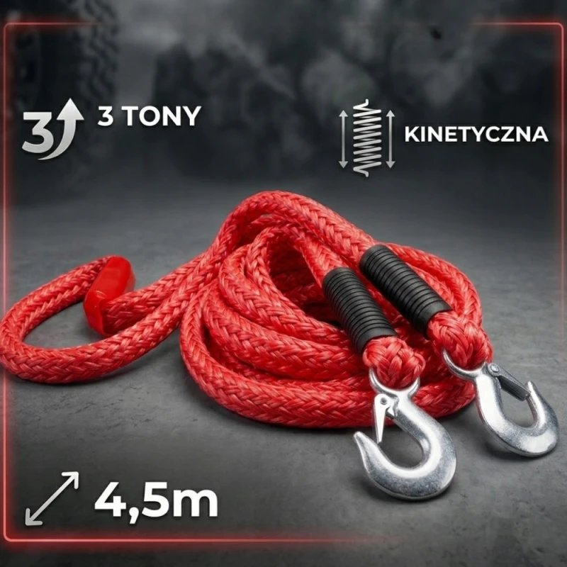 Linka holownicza 3T Lina Elastyczna Pleciona 4.5m Certyfikat CE TUV