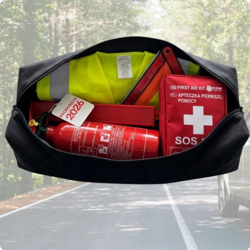 Zestaw bezpieczeństwa Gaśnica 1kg Trójkąt Kamizelka Apteczka + Pokrowiec