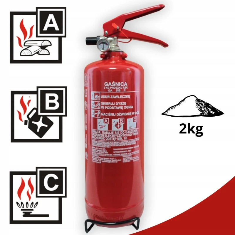 Gaśnica Proszkowa Domowa 2kg ABC CNBOP z Manometrem 2026r. + Wieszak