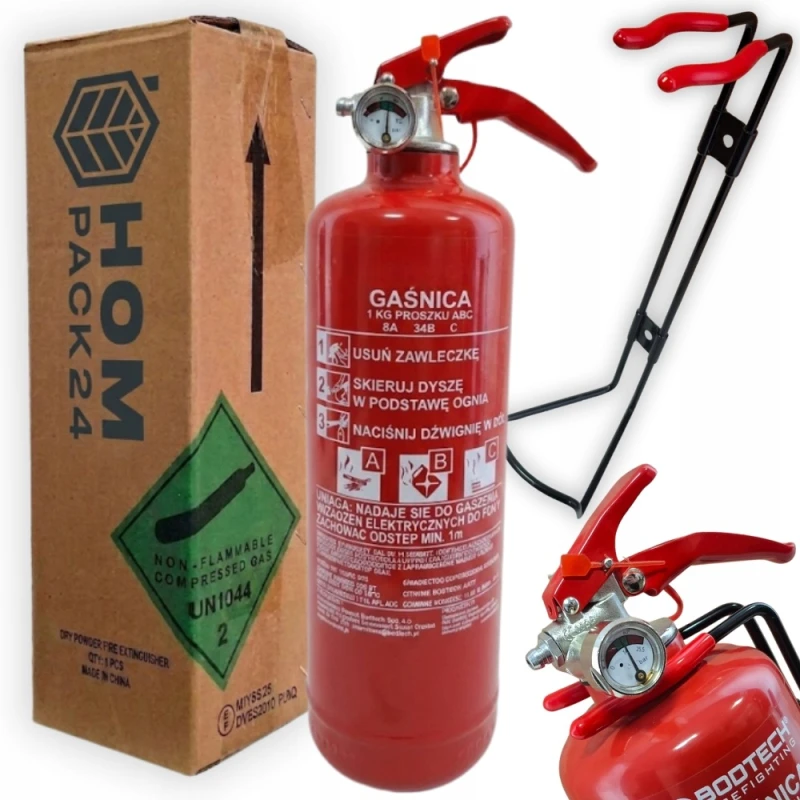 Gaśnica samochodowa domowa proszkowa 1kg ABC z Manometrem 2026r. + Wieszak