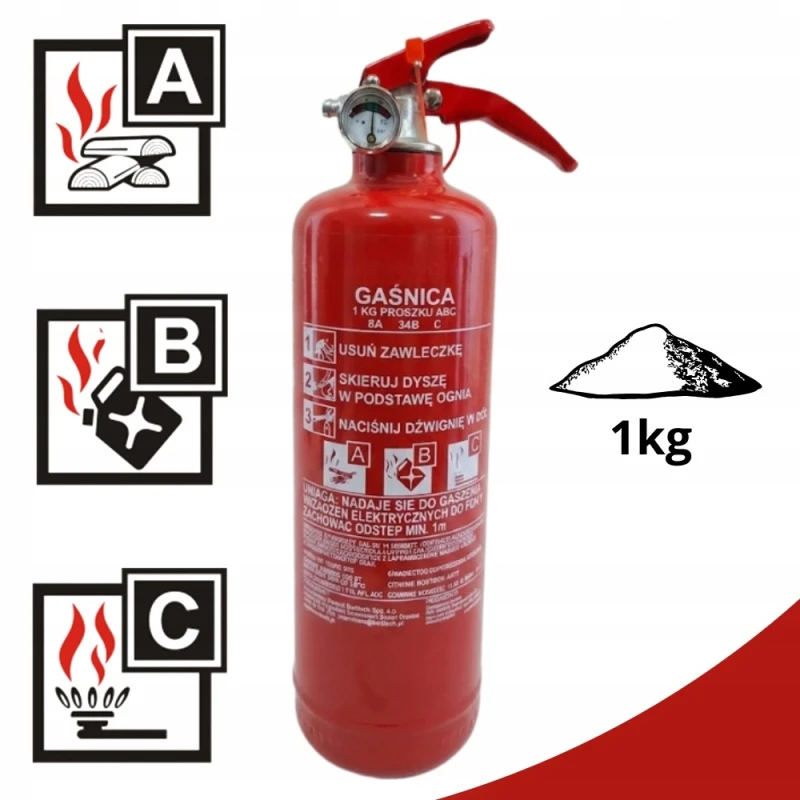 Gaśnica samochodowa domowa proszkowa 1kg ABC z Manometrem 2026r. + Wieszak