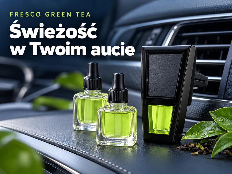 Zapach samochodowy Fresco Green Tea do kratki nawiewu z dwoma zapasowymi wkładami.