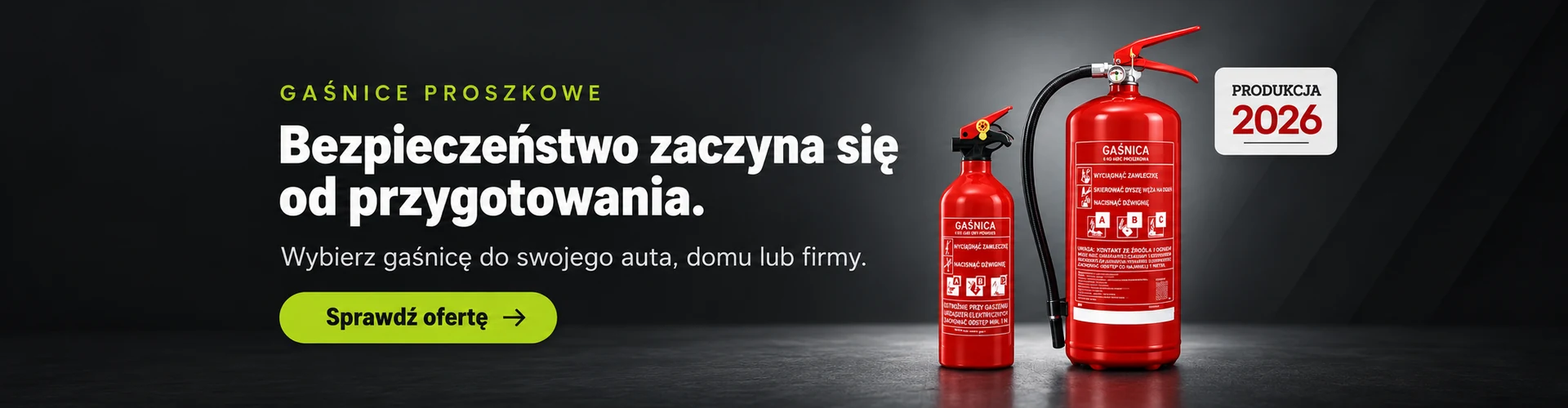 Dwie czerwone gaśnice proszkowe do auta, domu lub firmy — produkcja 2026.