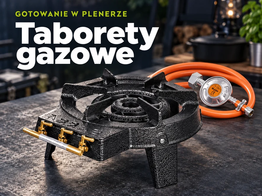 Żeliwny taboret gazowy z reduktorem i pomarańczowym wężem gazowym.